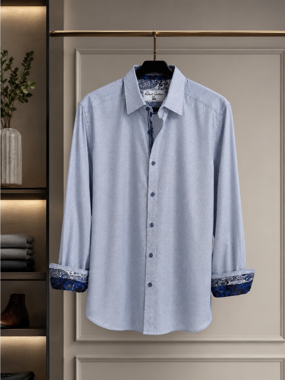 Robert Graham Blue Button Up Dress Shirt with Navy Trim | Size Medium